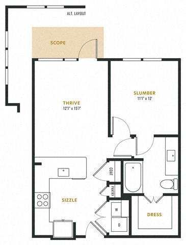 Floor plan for 1 bed, 1 bath, 701 sqft