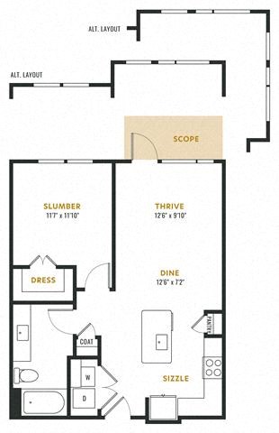 Floor plan for 1 bed, 1 bath, 768 sqft