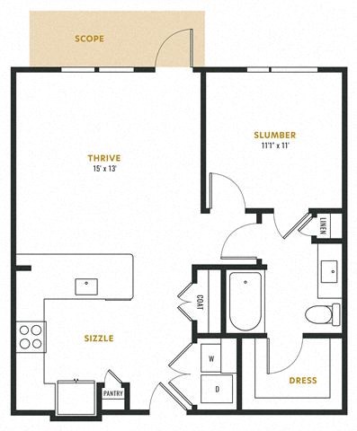 Floor plan for 1 bed, 1 bath, 841 sqft