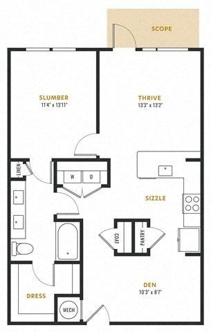Floor plan for 1 bed, 1 bath, 918 sqft