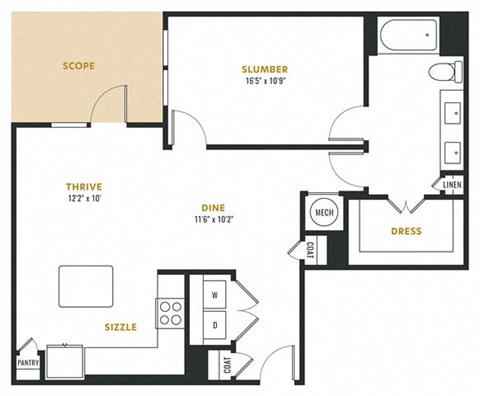 Floor plan for 1 bed, 1 bath, 946 sqft