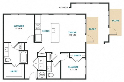 Floor plan for 2 beds, 1.5 baths, 1010 sqft