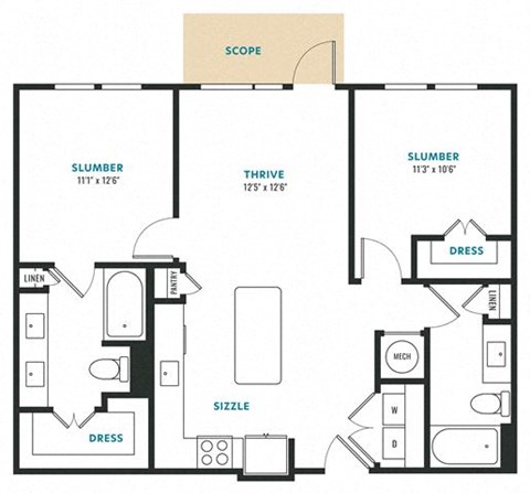 Floor plan for 2 beds, 2 baths, 1023 sqft