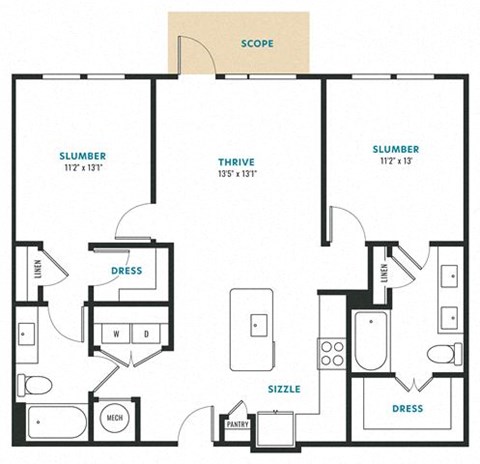 Floor plan for 2 beds, 2 baths, 1112 sqft