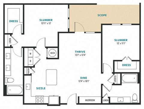 Floor plan for 2 beds, 2 baths, 1236 sqft
