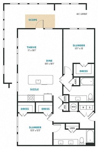 Floor plan for 2 beds, 2 baths, 1397 sqft