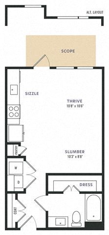 Floor plan for studio, 1 bath, 542 sqft