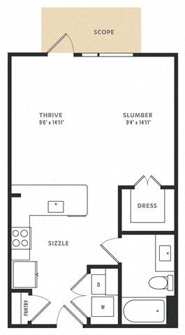 Floor plan for studio, 1 bath, 616 sqft