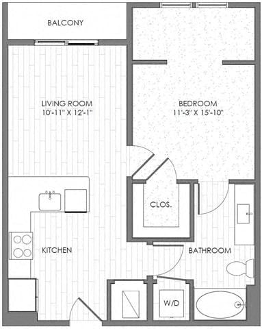 Floor plan for 1 bed, 1 bath, 680 sqft