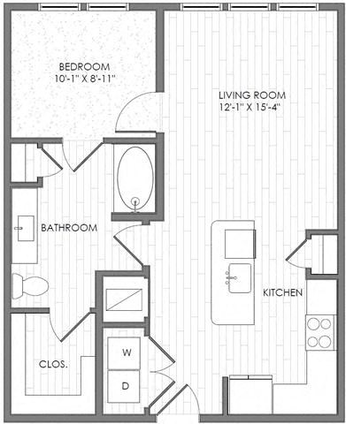 Floor plan for 1 bed, 1 bath, 703 sqft