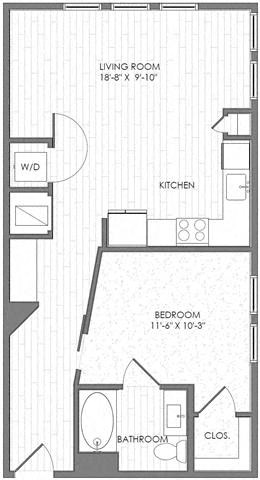 Floor plan for 1 bed, 1 bath, 726 sqft