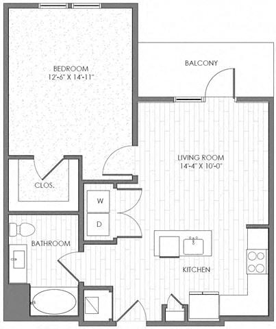 Floor plan for 1 bed, 1 bath, 750 sqft