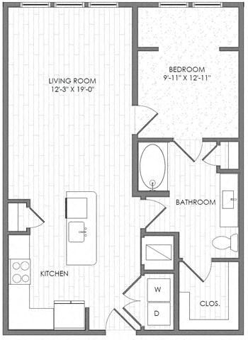 Floor plan for 1 bed, 1 bath, 794 sqft