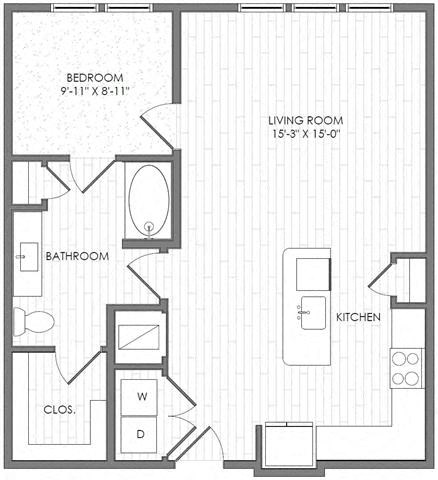 Floor plan for 1 bed, 1 bath, 812 sqft