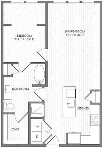 Floor plan for 1 bed, 1 bath, 818 sqft