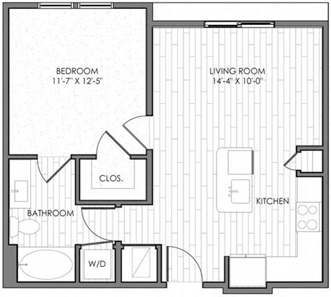 Floor plan for 1 bed, 1 bath, 639 sqft