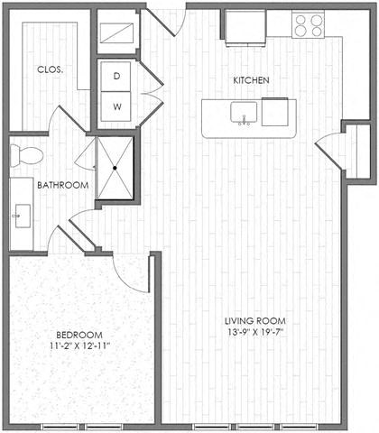 Floor plan for 1 bed, 1 bath, 900 sqft