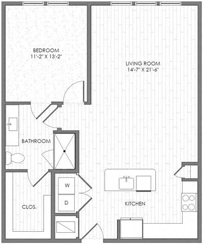 Floor plan for 1 bed, 1 bath, 910 sqft