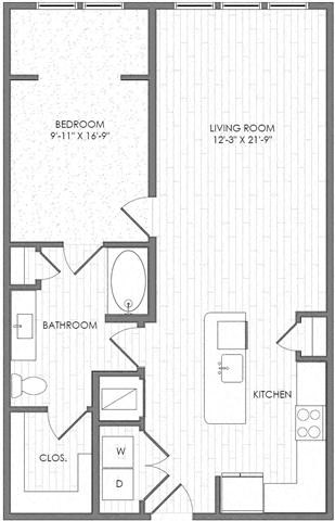 Floor plan for 1 bed, 1 bath, 912 sqft