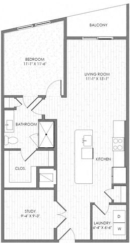 Floor plan for 1 bed, 1 bath, 948 sqft