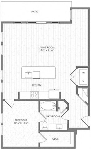 Floor plan for 1 bed, 1 bath, 988 sqft
