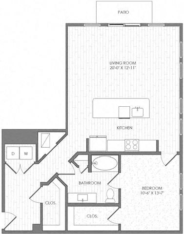 Floor plan for 1 bed, 1 bath, 1009 sqft