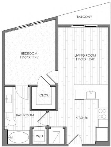 Floor plan for 1 bed, 1 bath, 651 sqft