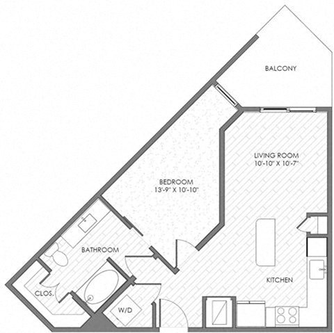 Floor plan for 1 bed, 1 bath, 653 sqft
