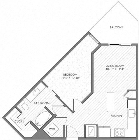 Floor plan for 1 bed, 1 bath, 663 sqft