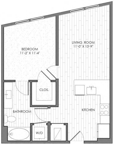 Floor plan for 1 bed, 1 bath, 667 sqft