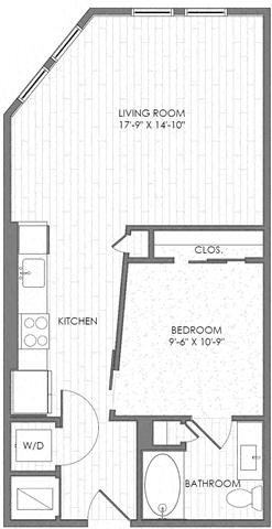 Floor plan for 1 bed, 1 bath, 676 sqft