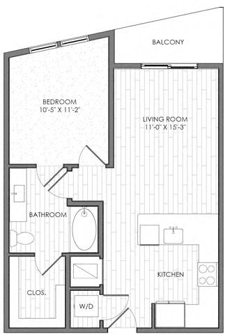 Floor plan for 1 bed, 1 bath, 677 sqft