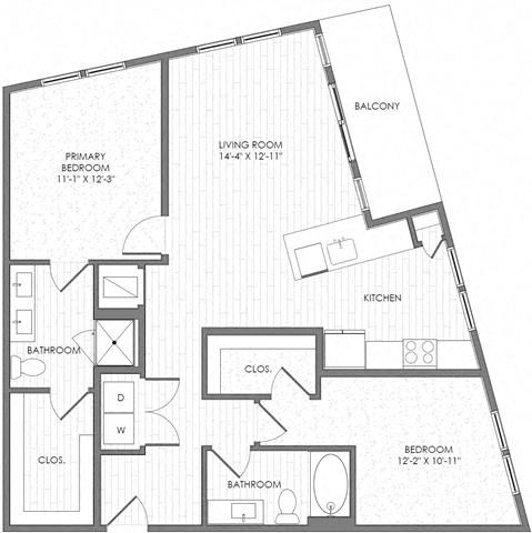 Floor plan for 2 beds, 2 baths, 1149 sqft