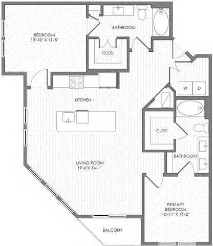 Floor plan for 2 beds, 2 baths, 1185 sqft