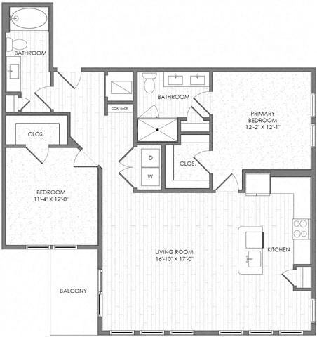Floor plan for 2 beds, 2 baths, 1217 sqft