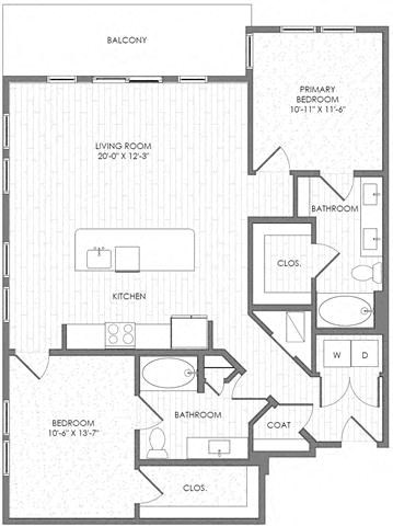 Floor plan for 2 beds, 2 baths, 1254 sqft