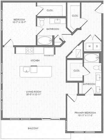 Floor plan for 2 beds, 2 baths, 1284 sqft