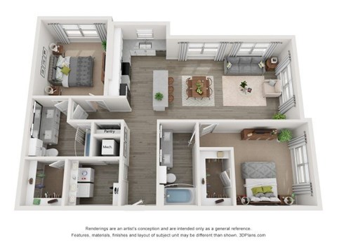Floor plan for 2 beds, 2 baths, 1252 sqft