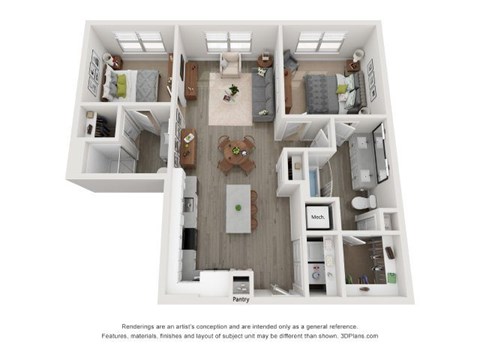 Floor plan for 2 beds, 2 baths, 1032 sqft