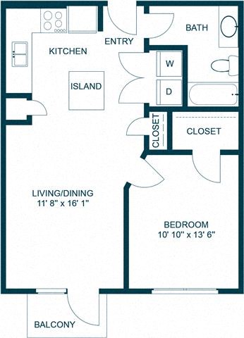 Floor plan for 1 bed, 1 bath, 620 sqft