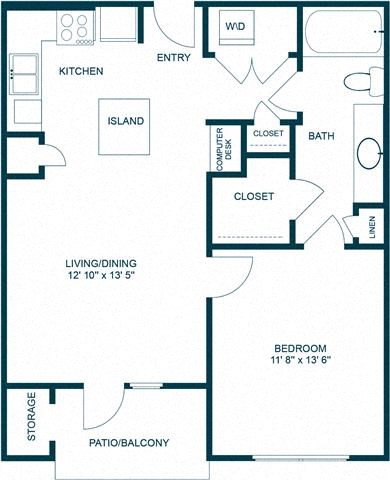 Floor plan for 1 bed, 1 bath, 710 sqft