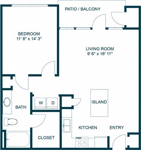 Floor plan for 1 bed, 1 bath, 805 sqft