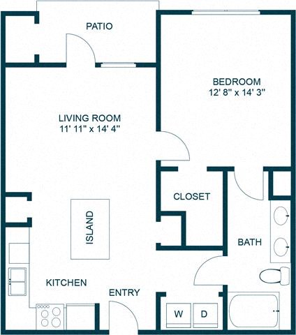 Floor plan for 1 bed, 1 bath, 768 sqft