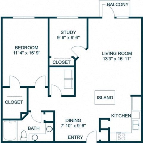 Floor plan for 1 bed, 1 bath, 1044 sqft