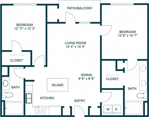 Floor plan for 2 beds, 2 baths, 1128 sqft