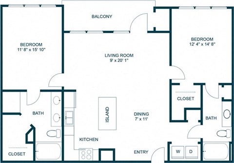 Floor plan for 2 beds, 2 baths, 1277 sqft