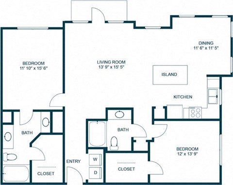 Floor plan for 2 beds, 2 baths, 1280 sqft