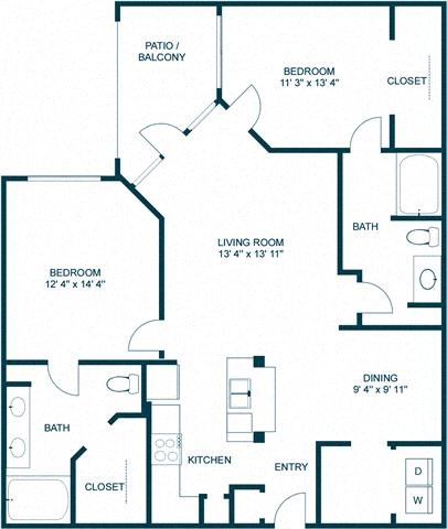 Floor plan for 2 beds, 2 baths, 1202 sqft