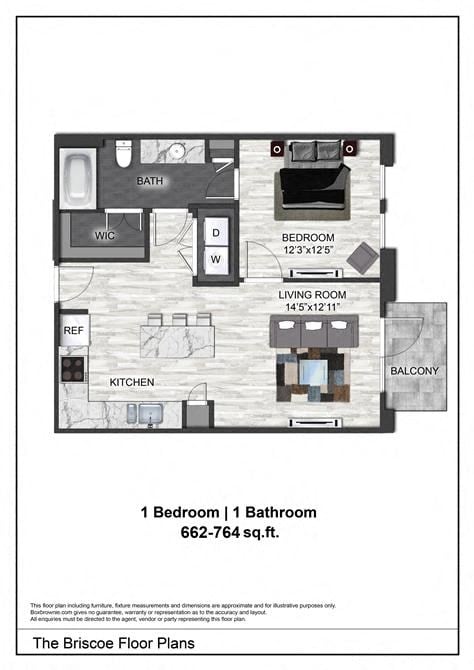 Floor plan for 1 bed, 1 bath, 764 sqft