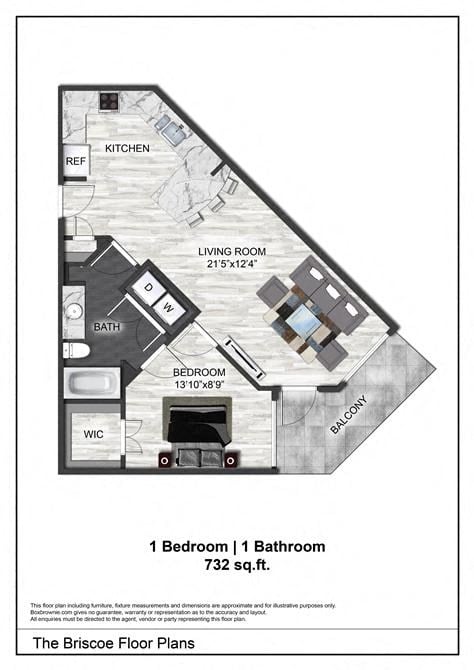 Floor plan for 1 bed, 1 bath, 732 sqft